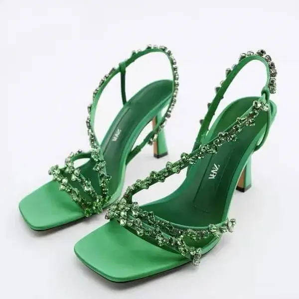 Saraastyle Women Fashion Plus Size Sexy Rhinestone Strap Square Toe Heeled Sandals