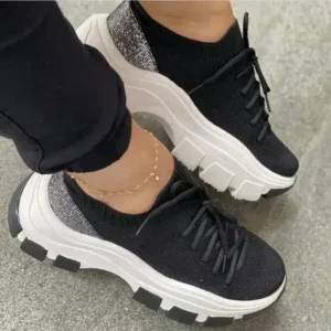 Saraastyle Wedge Heel Flying Woven Colorblock Lace-Up Sneakers Large Size Casual Low Top Women Shoes