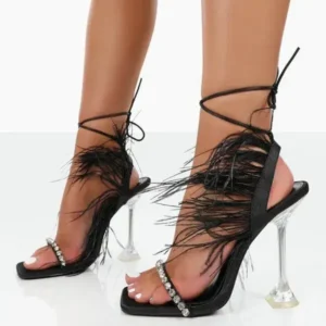 Saraastyle Women Fashion Sexy Rhinestone Feather Decorative Solid Color High Heel Sandals Shoes