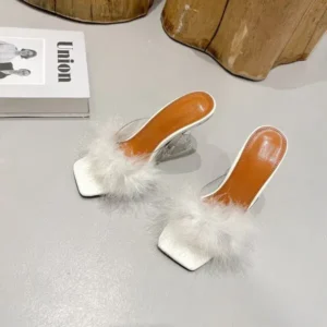 Saraastyle Women Fashion Sexy Feather Decoration Solid Color Chunky High Heel Slippers Shoes