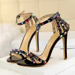 Saraastyle Fashion Women Sexy 11cm High Heels Rivets Studded Sandals Ankle Buckle Strap Stiletto Shoes