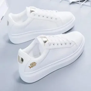 Saraastyle Women Casual Fashion Rose Embroidery Thick-Soled Comfortable PU Leather White Sneakers