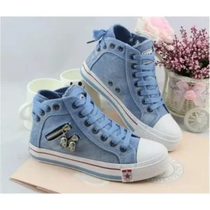 Saraastyle Women Casual Spring Zipper Decor Lace-Up High Top Denim Canvas Sneakers