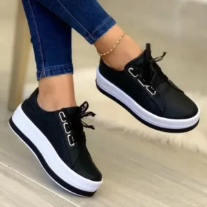 Saraastyle Women Casual Round Toe Lace-Up Block Color Platform Shoes PU Sneakers