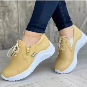 Saraastyle Women Casual Round Toe Low Cut Lace-Up PU Side Zipper Design Solid Color Sneakers