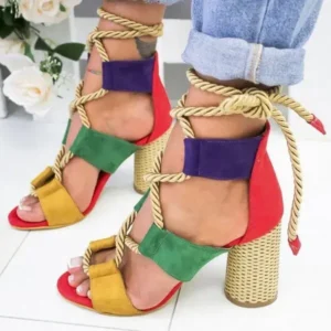 Saraastyle Women Fashion Sexy Cross Hollow Lace Up Design Color Blocking High Heel Sandals Shoes