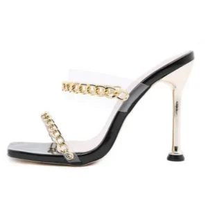 Saraastyle Women Sexy Plus Size Metal Chain Square-Toe High Heel Sandals