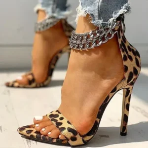 Saraastyle Women Sexy Metal Chain Buckle Ankle Strap Animal Printed High Heels