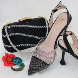 Saraastyle Women Classic Black Pointed Shoes Transparent Pvc Rhinestone Chain Square Hand Bag Set