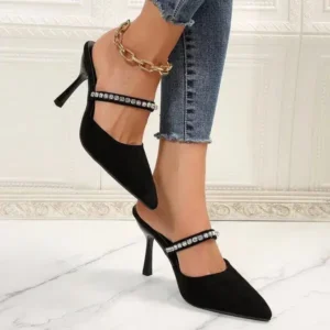 Saraastyle Summer Women Fashion Plus Size Elegant Pointed Toe Strap Rhinestone Stiletto Heel Slippers