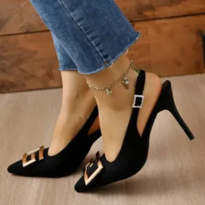 Saraastyle Summer Women Fashion Casual Plus Size Solid Color Pointed Toe Metal Buckle Sling Back High Heel Sandals