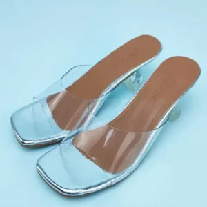 Saraastyle Women Fashion Casual Square Toe Transparent Design Mid Heel Slippers