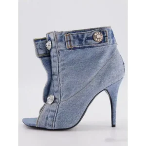 Saraastyle Women Fashion High Heel Denim Button High Top Boots