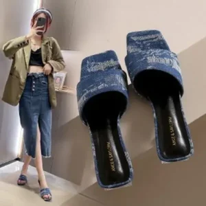 Saraastyle Women Fashion Casual PU Denim Square Toe Chunky Heel Slippers