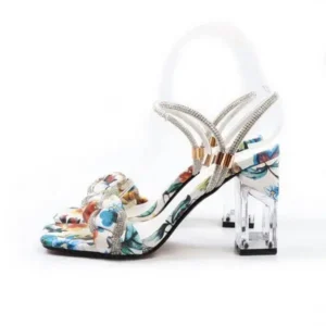 Saraastyle Women Fashion Sexy PU Rhinestone Floral Printed Square Toe Chunky Heel ?Sandals