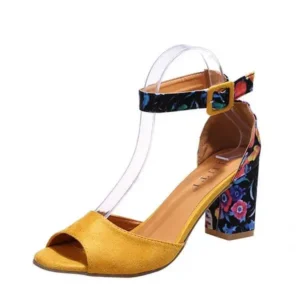 Saraastyle Women Fashion Sexy PU Floral Printed Peep Toe Chunky Heel Ankle Strap Buckle Sandals