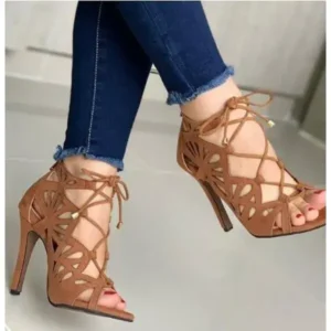 Saraastyle Women Fashion Sexy Solid Color Hollow Peep Toe Stiletto Heel Bandage Sandals