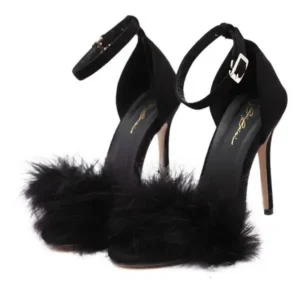 Saraastyle Women Fashion Sexy PU Solid Color Feather Peep Toe Stiletto Heel Ankle Strap Buckle Sandals