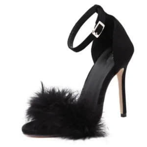 Saraastyle Women Fashion Sexy Solid Color Feather Peep Toe Stiletto Heel Ankle Strap Buckle Sandals