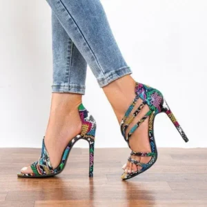 Saraastyle Women Fashion Sexy PU Snake Patterned Pointed Toe Stiletto Heel Sandals