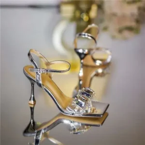 Saraastyle Women Fashion Sexy PU Rhinestone Square Toe Ankle Strap Buckle Stiletto Heel Sandals