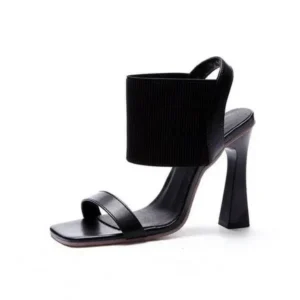 Saraastyle Women Fashion Elegant Solid ColorPU Square Toe Chunky Heel Elastic Sandals