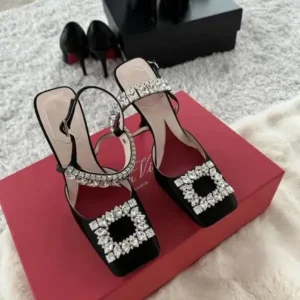 Saraastyle Women Fashion Elegant PU Square Toe Rhinestone Stiletto Heel Ankle Strap Buckle Sandals