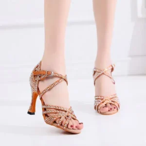 Saraastyle Women Fashion Solid Color Suede Rhinestone High Heel Ankle Strap Buckle Sandals