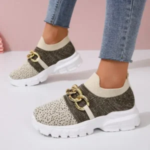 Saraastyle Women Fashion Color Block Metal Chain Thick-Soled Breathable Fly-Woven Sneakers