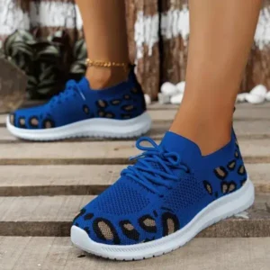 Saraastyle Women Fashion Casual Leopard Print Round Toe Fly-Woven Stretch Sneakers