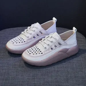 Saraastyle Women Fashion Casual Solid Color PU Lace-Up Hollow Breathable Sneakers