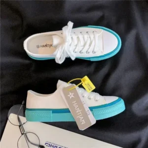 Saraastyle Women Fashion Cream Blue Canvas Lace-Up Sneakers