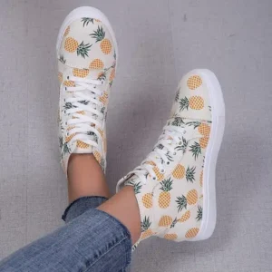 Saraastyle Women Fashion Round Toe Lace-Up Pineapple Strawberry Flat Sneakers