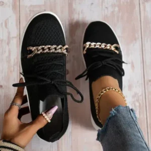 Saraastyle Women Fashion Round Toe Rhinestone Metal Decoration Lace-Up Mesh Sneakers