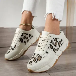 Saraastyle Women Fashion Round Toe Stitching Lace Up Low Top Leopard Sports Sneakers